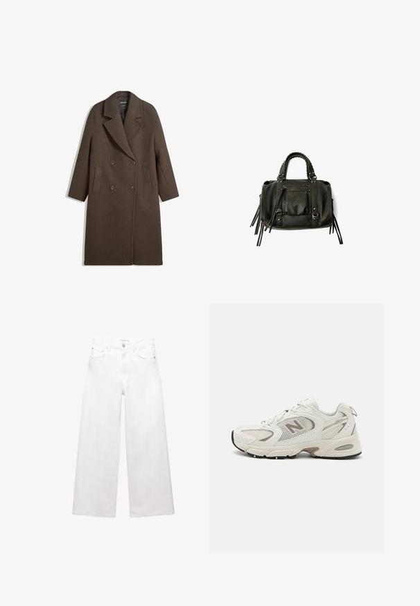 Hnědý dvouřadý vlněný kabát s širokými klopami, čtyřmi knoflíky, dlouhými rukávy a dvěma předními šikmými kapsami, položený na bílém pozadí.; Krémový top s dlouhými rukávy, širokým výstřihem a rozšířenými rukávy. Hladká, lehká látka. Jednoduchý, minimalistický design bez ozdob.; Bílé široké džíny vyrobené z bavlny, s vysokým pasem, pěti kapsami a akcenty z mosazného hardwaru. Hladká, nedotčená textura.; Bílé běžecké boty z síťoviny se šedými akcenty, kulatou špičkou, šněrovacím designem, polstrovanou podrážkou a výrazným logem "N" po straně.; Černá kožená kabelka s pletenými rukojetmi, kapsou na zip a visícími třásněmi. Texturovaný povrch s kovovými hroty a kovovými akcenty.
