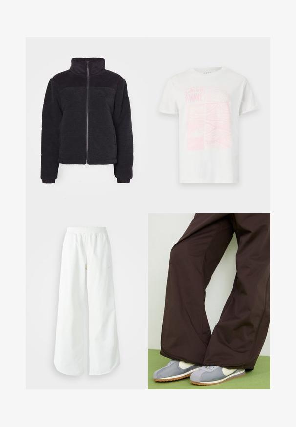 Jachetă din fleece neagră cu guler înalt, închidere cu fermoar și accente ribbate. Textură moale și design cropped. Mâneci lungi cu manșete ribbate.; Tricou alb din bumbac cu imprimeu grafic roz ce prezintă textul "CATCH A WAVE" și designuri abstracte pe partea din față. Mâneci scurte, guler rotund.; Pantaloni atletici largi, alba, cu un talie elastica texturata si detalii subtile cu logo. Material neted, cu o croiala lejera si tiv conformat.; Pantaloni maro cu croi larg, cu textură netedă și detalii pe cusătura laterală, asortați cu adidași retro gri și alb, cu talpă din cauciuc.