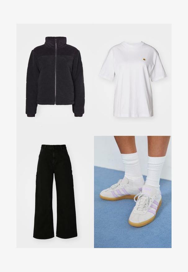 Mustat fleece-takit, joissa on korkea kaulus, vetoketjusulku ja ribba-asusteet. Pehmeä tekstuuri ja lyhyt malli. Pitkät hihat ribba-nyöreillä.; Valkoinen puuvillapaita rentoa istuvuutta, lyhyet hihat ja pieni kirjailtu logo vasemmassa rinta-alueessa.; Mustat leveälahkeiset cargo-housut, jotka on valmistettu denimistä ja joissa on korkea vyötärö, etunapitus ja sivutaskut. Silkkinen pinta, jossa on minimaalinen ompelu.; Vaaleanharmaat mokkasneakerit, joissa on kolme lila raidallista, kuminen pohja, tasaiset nauhat ja valkoiset ribatut sukat. Taustalla sininen tausta.