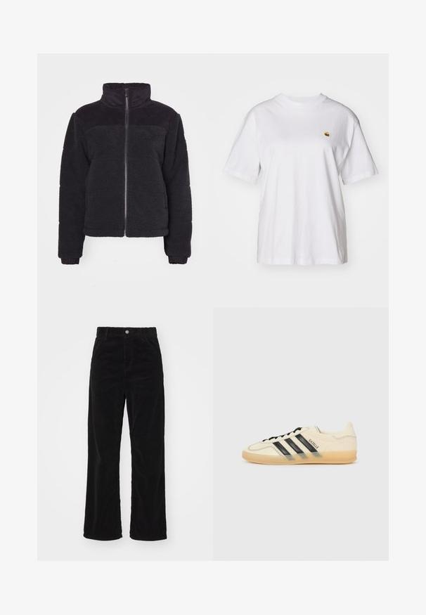 Melnā flīša jaka ar augstu apkakli, ar rāvējslēdzēju, un ribota dizaina akcentiem. Mīksta tekstūra un īsāks izgriezums. Garas piedurknes ar ribotiem aprocēm.; Balta kokvilnas T-kreklā ar brīvu piegriezumu, īsām piedurknēm un mazu izšūtu logotipu kreisajā krūtīs.; Melnas kordūras platās kājas bikses ar augsto jostasvietu, ar priekšējo pogu un rāvējslēdzēju, kā arī vertikālu ribotu tekstūru visā biksēs.; Gaiši krēms sporta apavi ar melnu trīs svītru dizainu, teksturētu augšējo daļu, noapaļotu purngaliem un gumijas zoli. Iespējas ietver auklas un zīmolu sānos.