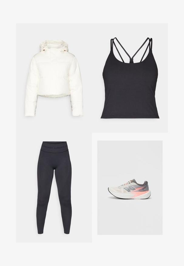 Giacca imbottita bianca crop con cappuccio, caratterizzata da un design trapuntato, texture liscia e chiusura frontale con zip. Cuciture rinforzate visibili.; Top nero senza maniche con sottili spalline e un design incrociato sul retro. Realizzato in materiale morbido ed elastico con una silhouette aderente.; Leggings neri con una vita alta elastica con il testo "UNDER ARMOUR". Texture liscia con accenti di pattern discreti lungo le gambe.; Scarpa da corsa New Balance grigio chiaro e rosa con suola bianca spessa e suola nera, vista laterale su sfondo uniforme.