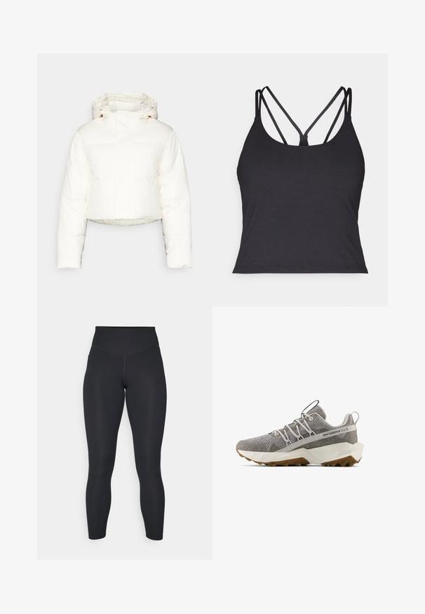 Izgriezta balta pūkaina jaka ar kapuci, kurai ir quilted dizains, gluda tekstūra un priekšējais rāvējslēdzējs. Redzami pastiprināti šuvi.; Melns topiņš ar plānām siksnām un krustveida dizainu aizmugurē. Izgatavots no mīkstas, elastīgas auduma ar pieguļošu siluetu.; Melnas legingu bikses ar augstu jostasvietu, gludu tekstūru un pielāgotu dizainu. Iezīmē platas šuves un pilna garuma pārklājumu bez rakstiem.; Pelēkie New Balance teniszari ar teksturētu adītu virsmu, baltu ģeometrisku zoli, brūnu protektoru, elastīgu šņoru dizainu un vilkšanas cilpiņām uz mēles un papēža.