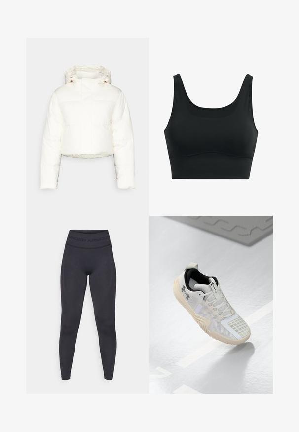 Abgeschnittene weiße Daunenjacke mit Kapuze, ausgestattet mit einem gesteppten Design, glatter Textur und Frontreißverschluss. Verstärkte Nähte sind sichtbar.; Schwarzer Sport-BH aus glattem Stoff, mit Rundhalsausschnitt, breiten Trägern und nahtlosem Design mit abgerundetem Saum.; Schwarze Leggings mit einem hohen, elastischen Bund, der den Schriftzug "UNDER ARMOUR" trägt. Glatte Textur mit subtilen Musterakzenten entlang der Beine.; Weiße Sportschuh mit einer strukturierten Mesh-Oberfläche, einem schwarzen Innenraum und einer beigen Gummisohle mit einem gemusterten Grip. Akzentuiert durch subtile Details.