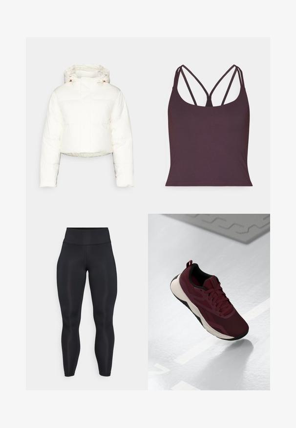Skraťená biela puffová bunda s kapucňou, s prešívaným dizajnom, hladkým povrchom a predným zipsom. Viditeľné zosilnené švy.; Tmavofialová tielko vyrobené z hladkej tkaniny, ktoré má tenké dvojité ramienka a zaoblený výstrih. Bezšvový spodný lem.; Čierne legíny s vysokým pásom a celkovou dĺžkou, vyrobené z hladkej tkaniny s viditeľnými švovými detailmi na prednej strane a páse.; Bordová športová obuv s textilným vrchom, čiernymi akcentmi a polstrovanou bielou podrážkou. Obsahuje šnúrku na zaviazanie a pútko na päte.