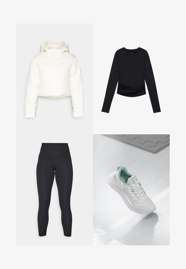 Zkrácená bílá péřová bunda s kapucí, s prošívaným designem, hladkým povrchem a předním zipem. Viditelné zesílené švy.; Černý dlouhý rukáv top s kulatým výstřihem a nařasením po stranách, vystavený na jednoduchém bílém pozadí.; Černé legíny s vysokým pasem, hladkým povrchem a přiléhavým střihem. Mají ploché švy a celoplošné pokrytí bez vzorů.; Světle šedá sportovní obuv s texturovaným pleteným svrškem, mátově zelenými akcenty, bílými tkaničkami, gumovou podrážkou a poutkem na patě.