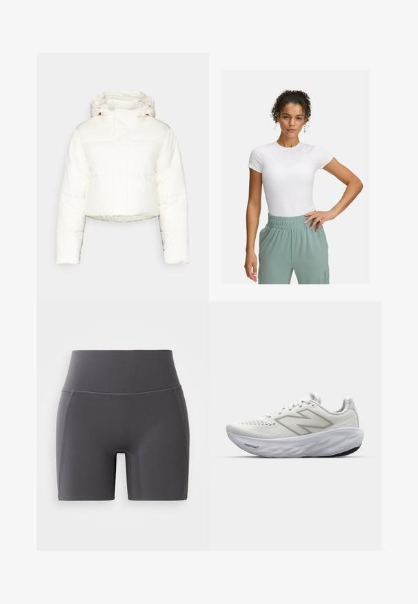 Skraťená biela puffová bunda s kapucňou, s prešívaným dizajnom, hladkým povrchom a predným zipsom. Viditeľné zosilnené švy.; Biely priliehavý tričko s krátkymi rukávmi, kombinované s nohavicami so svetlozeleným elastickým pásom. Hladká textúra, minimalistický dizajn a žiadne viditeľné vzory.; Šedé atletické šortky s vysokým pásom, vyrobené z hladkej, elastickej látky. Obsahujú ploché švy a priliehavý strih.; Biele športové topánky s sieťovaným zvrškom, vybavené polstrovaným golierom, textúrovanou podrážkou a brandingom "Fresh Foam" na medzipodrážke.