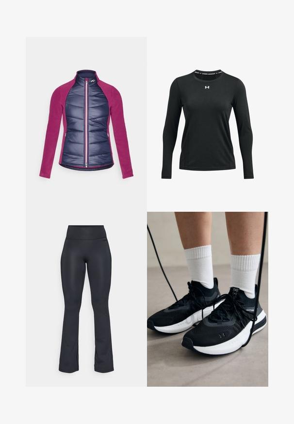 Isolerad jacka med en marinblå quiltad framsida och magenta fleeceärmar, med dragkedjestängning och uppstående krage.; Svart långärmad träningströja i mjukt tyg. Har en rund halsringning med en Under Armour-logotyp tryckt vid kragen.; Svarta utsvängda leggings i ett mjukt, stretchigt material. De har en hög midja och sidokilar i fållen för extra detaljer.; Svarta sportskor med texturerat tyg, vit sula och svarta snören. Bärs med vita reglerade strumpor, stående på en ljus yta.