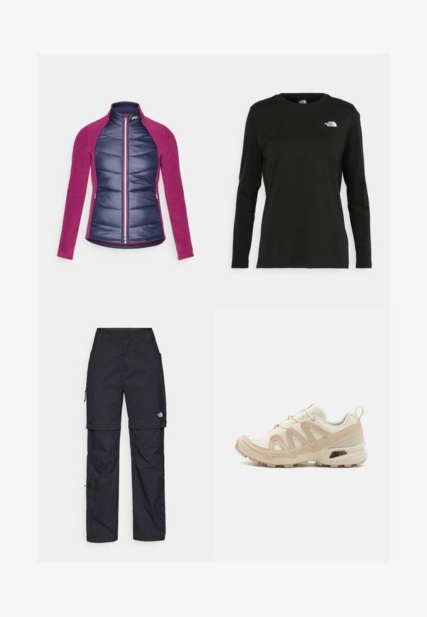 Szigetelt dzseki tengerészkék steppelt elöl és magenta bolyhos ujjak, cipzáras zárással és álló gallérral.; Fekete, hosszú ujjú póló pamutból, kerek nyakkal. A bal mellrészen egy kis fehér logó található. Egyszerű dizájn és szabás.; Fekete nylon zipzáras cargo nadrág állítható mandzsettával, több zsebbel és logóval a jobb lábon. Simább, könnyű textúra.; Beige és krém színű sportcipő, texturált hálós felsőrésszel, támogató burkolattal és gumitalppal, amely tapadás érdekében bordázott mintázattal rendelkezik.