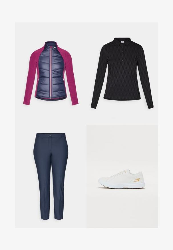 Izoliuotas kailis su tamsiai mėlyna siuvinėta priekiu ir magnolijos spalvos fliso rankovėmis, su užtrauktuku ir stovinčiu apykakle.; Juodas ilgomis rankovėmis polo marškinėliai su tekstūruotu deimanto raštu, mygtukų užsegimu ir apykakle, turi tiesų siūlę.; Tamsiai mėlynos spalvos pritaikytos liesos kelnės su mygtuko uždarymu, diržo kilpomis, užtrauktuku šonuose ir kulkšnies užtrauktukais abiejose kojose.; Balti sportbačiai su lygiu sintetiniu viršumi, auksinėmis detalėmis ir tvirtu guminiu padu. Yra apvalus pirštas, raištelių dizainas ir paminkštinta vidinė dalis.