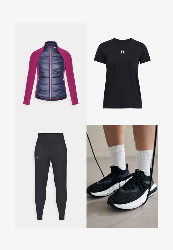 Izolirana jakna z navy prešito sprednjo stranjo in magenta flis rokavi, z zadrgo in stojčnim ovratnikom.; Črna majica s kratkimi rokavi iz bombaža. Ima krožno izrezan ovratnik in bel logotip Under Armour na prsih. Preprost, enostaven dizajn.; Črne atletske legice iz raztegljivega materiala, ki imajo visok pas, stranske žepke in tesne manšete pri gležnjih.; Črne športne čevlje z strukturirano tkanino, belo podplatom in črnimi vezalkami. Nosi se z belimi rebrastimi nogavicami, stoje na svetli površini.