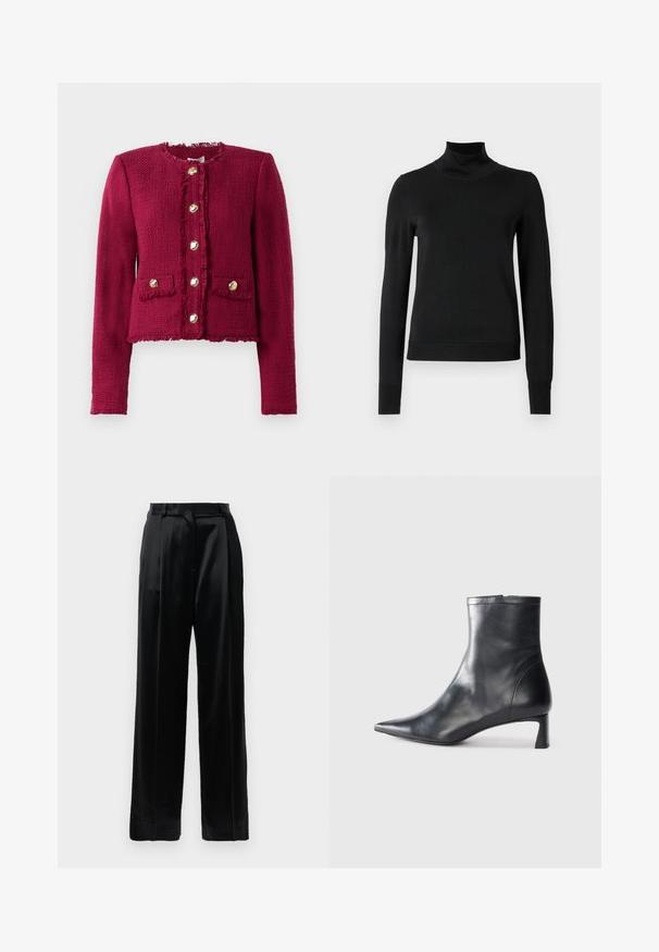 Ciemnoczerwona teksturowana kurtka z długimi rękawami, okrągłym dekoltem, sześcioma złotymi guzikami z przodu oraz dwiema kieszeniami z klapkami z guzikami.; Czarny sweter z długim rękawem i stojącym kołnierzem, z prążkowanymi mankietami i dołem, zaprezentowany na białym tle.; Czarne satynowe spodnie o wysokim stanie z prostymi szerokimi nogawkami, szlufkami na pasek i gładkim zapięciem z przodu na jednolitym białym tle.; Czarne skórzane botki sięgające kostki z ostrym noskiem i eleganckim designem. Posiadają niski obcas oraz zamek błyskawiczny z tyłu. Gładka faktura.