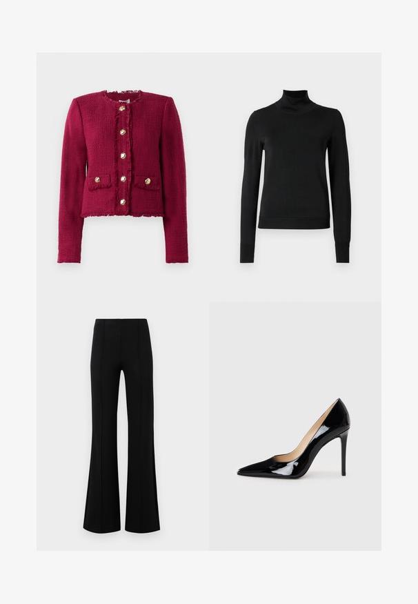 Dark red textured jacket with long sleeves, round neckline, six gold buttons down the front, and two flap pockets with buttons.; Black long-sleeve turtleneck sweater with ribbed cuffs and hem, displayed on a plain white background.; Black flared pants with a high waist, made of stretchy fabric. Features vertical seam details on the front and a smooth texture.; Black patent leather high-heeled pump with a pointed toe design and a sleek silhouette. Features a smooth, shiny finish and a slender stiletto heel.