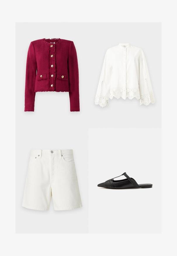 Sötétvörös textúrájú kabát hosszú ujjal, kerek nyakkivágással, hat arany gombbal az elején, és két zsebből álló zseb gombokkal.; Fehér, hosszú ujjú, gombos ing csipkefinéssel az ujjak végén és az alján, mandarin gallérral és finom díszítő varrással.; Fehér farmer sort egyenes szabással, öt zsebbel, elülső gombos záródással, ezüst színű fémrészletekkel és varrt díszítéssel.; Fekete bőr slingback cipő hegyes orral, szőtt díszítéssel és redőzött felső dizájnnal. Lapos talp minimális hardverrel.