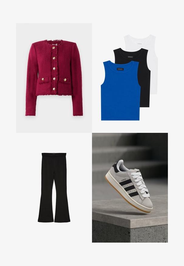 Ciemnoczerwona teksturowana kurtka z długimi rękawami, okrągłym dekoltem, sześcioma złotymi guzikami z przodu oraz dwiema kieszeniami z klapkami z guzikami.; Trzy bezrękawniki w kolorach niebieskim, czarnym i białym. Materiał to prążkowana tkanina z okrągłym dekoltem. Każdy top ma metkę z napisem "even&odd."; Czarne legginsy w stylu dzwonów wykonane z elastycznej tkaniny. Posiadają szeroki pas i gładką teksturę, z dopasowanym krojem, który rozszerza się ku dołowi.; adidas Originals CAMPUS 00S biały