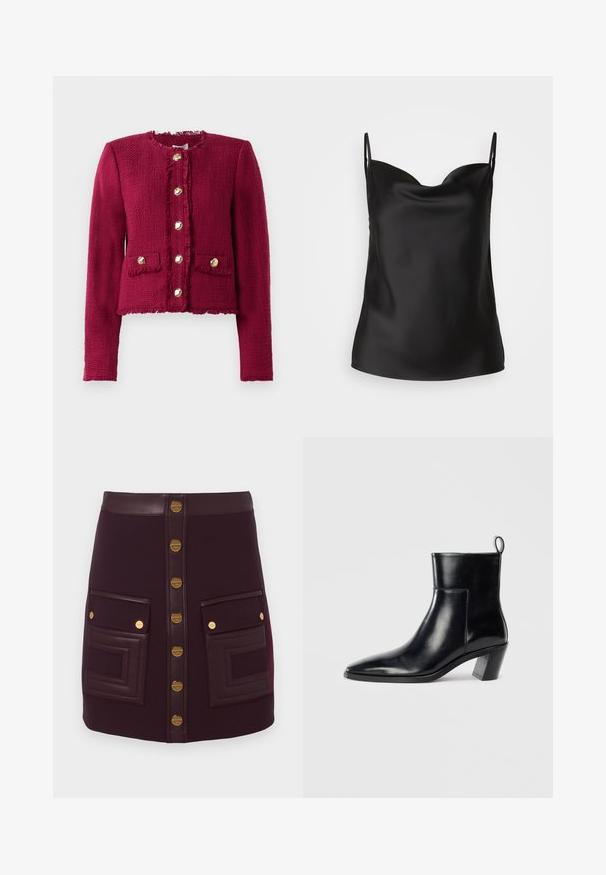 Ciemnoczerwona teksturowana kurtka z długimi rękawami, okrągłym dekoltem, sześcioma złotymi guzikami z przodu oraz dwiema kieszeniami z klapkami z guzikami.; Czarna satynowa koszulka na ramiączkach z głębokim dekoltem, cienkimi ramiączkami i gładką, błyszczącą fakturą. Prosty, klasyczny design bez ozdób.; Ciemnofioletowa mini spódniczka z przednimi złotymi guzikami, skórzanym paskiem w talii oraz dwiema dużymi przednimi kieszeniami ze skórzanym wykończeniem i detalami w postaci złotych guzików.; Czarne skórzane botki do kostki z wąskim noskiem, geometrycznie uformowanym, grubym obcasem oraz pętlą z tyłu. Gładka faktura i elegancki design.