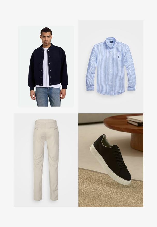 Námornícka modrá kľúčová bunda s patentami, rebrované manžety a lem, nosená cez biely tričko, kombinovaná s modrými džínami. Mäkká textúra.; Modrá a biela prúžkovaná košeľa s dlhými rukávmi vyrobená z bavlny, vybavená golierom na gombíky, prednými gombíkmi a malým vyšitým logom na hrudi.; Béžové nohavice s hladkou textúrou, rovný strih, dve zadné vrecká s gombíkmi a štandardný pás.; Čierna teniska s bielou podrážkou plávajúca nad béžovým textúrovaným kobercom pri okrúhlom drevenom stole s hromadou kníh.