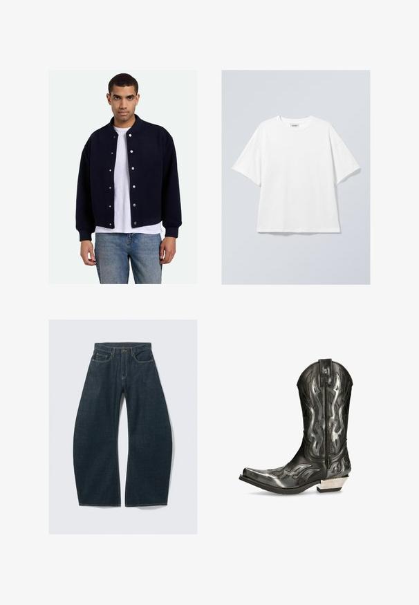 Navyblauwe varsityjack met drukknoopsluiting, geribbelde manchetten en onderrand, gedragen over een wit t-shirt, gecombineerd met blauwe jeans. Zachte textuur.; Witte katoenen T-shirt met een ronde halslijn en korte mouwen. Ontspannen pasvorm zonder zichtbare patronen of accenten. Soepele textuur.; Donkerblauwe wijd uitlopende jeans van denim, met vijf zakken, zichtbare stiksels, een knoopsluiting en een nette afwerking.; Zwarte leren cowboylaars met zilveren vlampatronen, spitse neus en een lage zilveren hak. Beschikt over stikdetails en een treklabel.