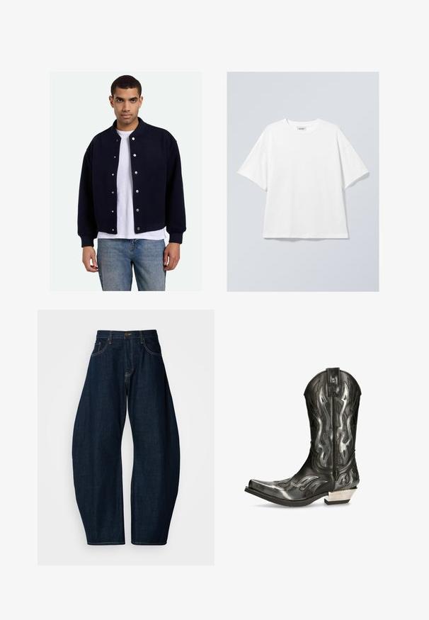 Veste universitaire bleu marine avec boutons-pression, poignets et ourlet côtelés, portée sur un t-shirt blanc, associée à un jean bleu. Texture douce.; T-shirt en coton blanc avec un col rond et des manches courtes. Coupe décontractée sans motifs ni accents visibles. Texture lisse.; Jean en denim bleu foncé avec une coupe large, doté de coutures visibles, de cinq poches et d'une fermeture à bouton en laiton à la taille.; Botte de cowboy en cuir noir avec des motifs de flammes argentés, bout pointu et petit talon argenté. Comprend des détails de couture et une languette.