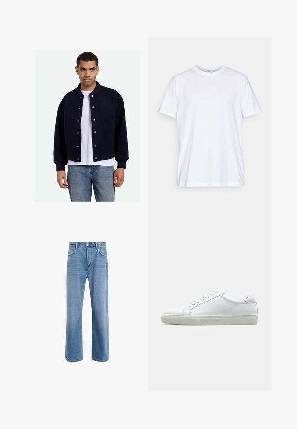 Mornarsko plava varsity jakna s dugmadi, rebrastim manžetama i donjim rubom, nosi se preko bijele majice, u kombinaciji s plavim trapericama. Mekana tekstura.; Bijela pamučna majica kratkih rukava, s okruglim izrezom i ležernim krojem. Ima minimalistički dizajn, bez uzoraka ili akcenta.; Svijetloplave traperice s ravnim nogavicama, pet džepova, zatvaranjem na gumb, minimalnim izbljeđivanjem i kontrastnim šavovima.; Bijela tenisica s glatkim kožnim gornjim dijelom i niskim profilom. Ima zaobljen vrh, šest rupica za vezanje i teksturiranu gumenu podlogu.