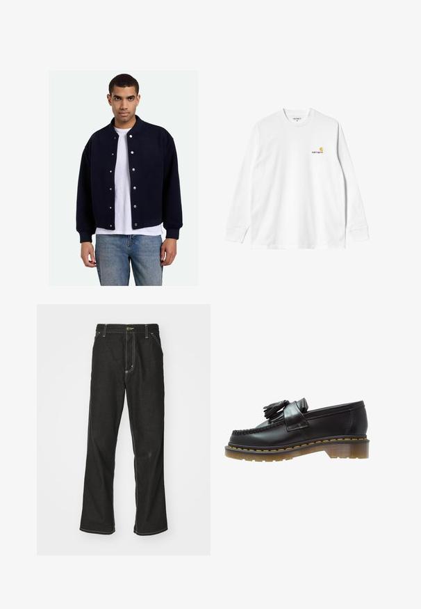 Navy blue varsity jacket with snap buttons, ribbed cuffs and hem, worn over a white t-shirt, paired with blue jeans. Soft texture.; Long-sleeve white cotton T-shirt with a crew neck, featuring a small yellow and burgundy logo on the left chest. Seamless cuffs and hem.; Black denim jeans with a loose fit, featuring contrasting white stitching, a button closure, and a straight leg design.; Black leather loafers with a textured finish, featuring a decorative tassel and contrasting yellow stitching, on a chunky, transparent sole.