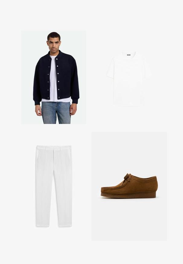 Granatowa kurtka typu varsity z zatrzaskami, prążkowanymi mankietami i dolnym wykończeniem, noszona na białym T-shircie, w zestawieniu z niebieskimi dżinsami. Miękka tekstura.; Biały bawełniany t-shirt z krótkimi rękawami, okrągłym dekoltem i prostym krojem. Gładka faktura bez widocznych wzorów czy akcentów.; Białe lniane spodnie o prostym kroju, z dwoma przednimi kieszeniami i zapięciem na guzik. Gładka faktura, bez widocznych wzorów czy akcentów.; Brązowy zamszowy but z okrągłym noskiem i niskim obcasem, z ozdobnymi stębnowaniami wzdłuż szwów oraz sznurowanym przodem. Miękka tekstura z eleganckim designem.