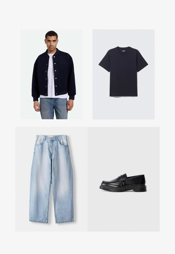 Sötétkék sportdzseki patentgombokkal, bordás mandzsettával és aljjal, fehér póló felett viselve, kék farmernadrággal párosítva. Puha textúra.; Fekete pamut póló kerek nyakkal, rövid ujjakkal és kényelmes szabással. Egyszerű design jellemzi, minta vagy látható fémalkatrészek nélkül.; Világoskék farmer széles szárú nadrág, közepes derékkal, öt zsebes kialakítással és finom kopással; egyenes szegéllyel és övrögzítőkkel zárva.; Férfi fekete bőr penny loafer, vastag talppal és mokkaszíj varrással, profilból bemutatva fehér háttéren.