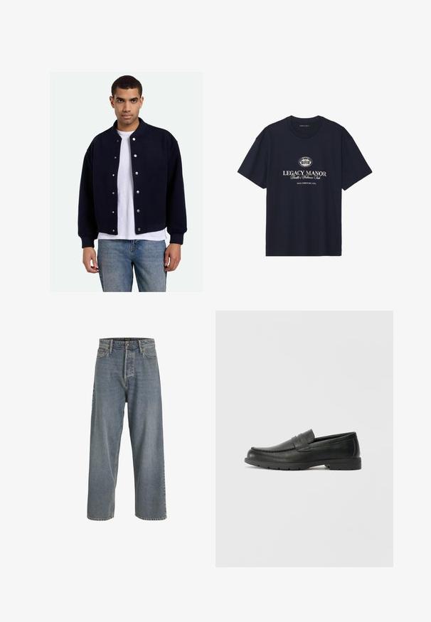 Navy modra jopica s študentom in gumbi, reberljiva zapestja in rob, nošena čez belo majico, kombinirana z modrimi kavbojkami. Mehak material.; Temno modra bombažna majica s kroženim ovratnikom, kratkimi rokavi in osrednjo grafiko, ki prikazuje "Legacy Manor" v bež črkah.; Svetlo modri široki jeansi iz džinsa z visokim pasom, oblikom petih žepov in vidnimi šivi. Mehka tekstura z rahlo zbledelim videzom.; Črne usnjene loafer čevlje z gladko površino, zgornjim delom v slogu mokasin, šivanimi detajli in gumijastim podplatom. Klasična zasnova z nizko peto.