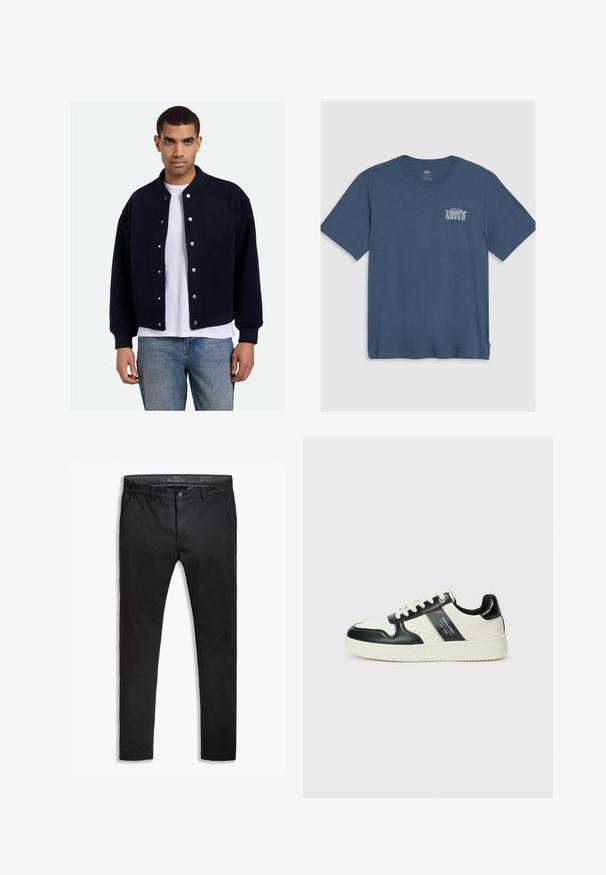 Marinblaues College-Jackett mit Druckknöpfen, gerippten Bündchen und Saum, getragen über einem weißen T-Shirt, kombiniert mit blauen Jeans. Weiche Textur.; Blaues Baumwoll-T-Shirt mit Rundhalsausschnitt und kurzen Ärmeln. Ein weißes "Levi's"-Logo ist auf der linken Brustseite aufgedruckt. Schlichtes Design.; Schwarze Baumwollchinos mit einem schmalen Schnitt, ausgestattet mit fünf Taschen, Gürtelschlaufen und einer glatten Textur. Reißverschluss mit Knopfverschluss.; Leder-Sneaker in Schwarz- und Cremetönen, mit perforierten Akzenten, einem gepolsterten Kragen und einer strukturierten Laufsohle.