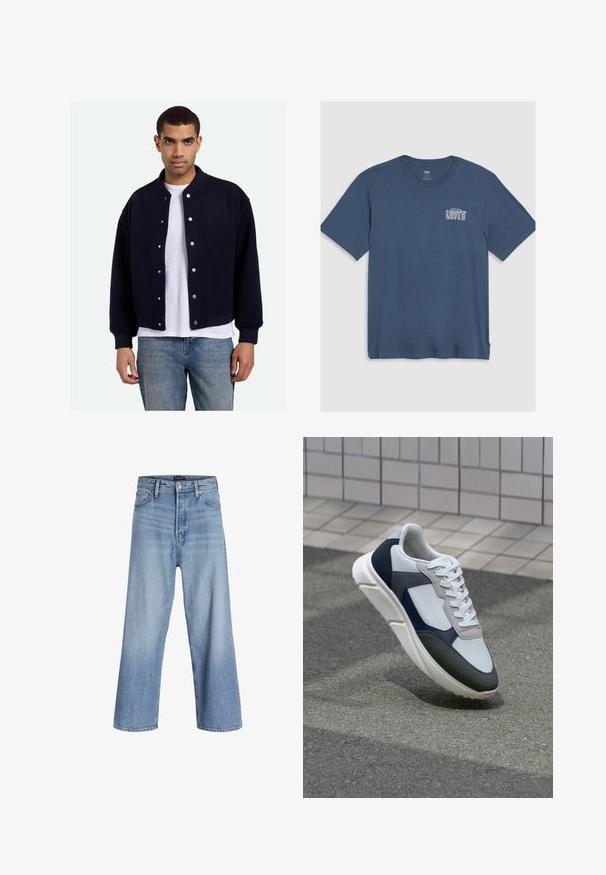 Jachetă de universitate de culoare albastru marin cu nasturi tip snap, manșete și tiv din tricot, purtată peste un tricou alb, asociată cu blugi albaștri. Textură moale.; Tricou din bumbac albastru, cu guler rotund și mâneci scurte. Un logo alb "Levi's" este imprimat în zona stângă a pieptului. Design simplu.; Jeans din denim albastru deschis, cu picioare largi și talie înaltă, având un sistem de închidere cu nasturi, design cu cinci buzunare și o ușoară decolorare. Terminatii curate ale tivului.; Tenisi albi, bleumarin și gri, cu un design din materiale mixte, având un superior texturat, șireturi plate și o talpă căptușită.