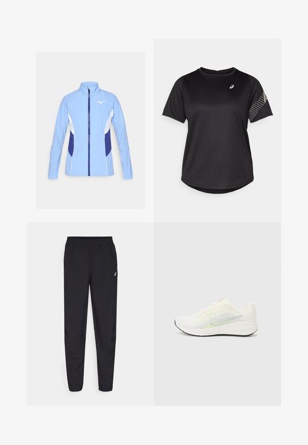 Light blue athletic jacket with white and navy accents. Features a full zipper, stand-up collar, and long sleeves; smooth, lightweight fabric.; Black athletic t-shirt, short sleeves, round neckline, featuring textured fabric and dotted accents on the right sleeve. Logo on the chest.; Black sports pants featuring an elastic waistband, tapered legs with cuffs, made of a lightweight, smooth material, and a small logo on the thigh.; Nike Performance DOWNSHIFTER 13 - Road running shoes - sail/silver-coloured photon dust/summit white/barely volt/black