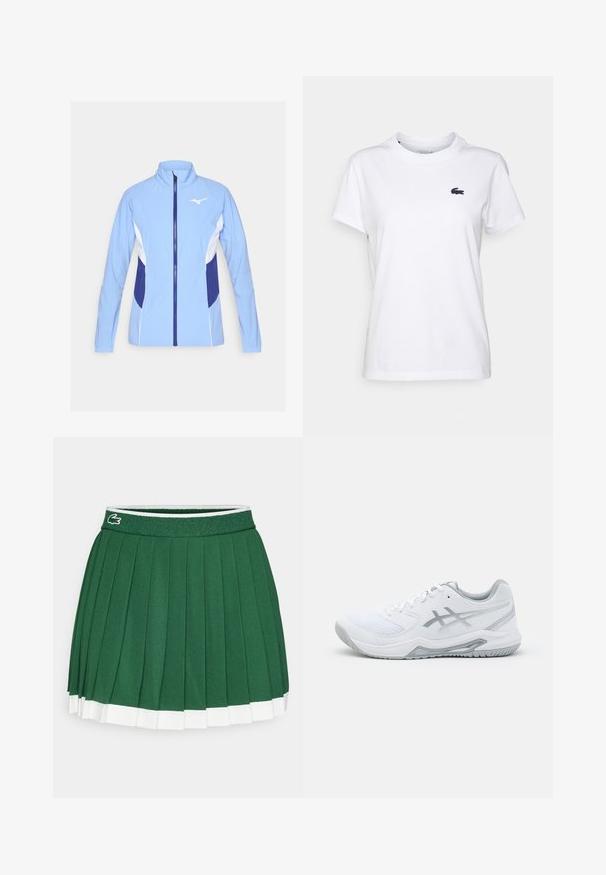 Lys blå treningsjakke med hvite og marineblå detaljer. Har hel glidelås, oppreist krage og lange ermer; glatt, lett stoff.; Hvit bomulls T-skjorte med rund hals, korte ermer og en liten marineblå logo på venstre bryst. Glatt tekstur, uformell design.; Grønn plisserte skjørt med en teksturert midjebånd. Har hvite detaljer i nederkant og en liten merke-logo på midjebåndet.; Hvit treningsko i nett- og syntetiske materialer, med grå detaljer og snøring, teksturert såle, buet design og logo-detalle.