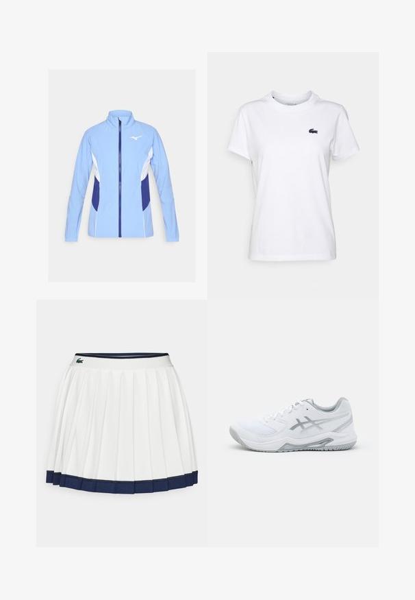 Light blue athletic jacket with white and navy accents. Features a full zipper, stand-up collar, and long sleeves; smooth, lightweight fabric.; White cotton T-shirt with a round neck, short sleeves, and a small navy logo on the left chest. Smooth texture, casual design.; White pleated skirt with a navy blue waistband and hem. Features soft fabric with horizontal stripes on the waistband, designed for comfort.; White athletic shoe with mesh and synthetic materials, features gray accents and laces, textured sole, curved design, and logo detail.