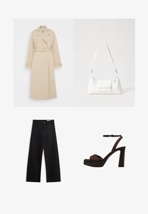 Beżowy płaszcz typu trencz z paskiem w talii, szerokimi klapami i długimi rękawami. Wysokiej jakości tkanina z zapięciami na guziki przy mankietach oraz bocznymi kieszeniami; gładki, lekki materiał.; Brązowa koszulka z krótkim rękawem, wykonana z miękkiego materiału, z okrągłym dekoltem i luźnym krojem. Brak widocznych wzorów lub akcentów.; Czarne dżinsowe spodnie o szerokich nogawkach i wysokim stanie, z przednimi i tylnymi kieszeniami, przeszyciami oraz zapięciem na guziki. Gładka struktura.; Brązowe zamszowe sandały na wysokim obcasie z odkrytymi palcami, regulowanym paskiem na kostce i paskowatą podeszwą.; Biała syntetyczna torba o trójkątnym kształcie, płaskim przednim klapce i detalach w postaci kokardy, regulowanym pasku, gładkiej fakturze oraz minimalistycznym designie.