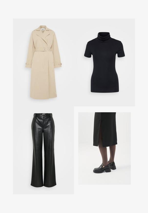 Beige trench coat with a belted waist, wide lapels, and long sleeves. Features buttoned cuffs and side pockets; smooth, lightweight fabric.; Black ribbed turtleneck top, short sleeves, form-fitting design, soft texture, minimal seams, and a high collar.; ONLY Tall ONLSMOOTH WIDE - Trousers - black; Black leather shoes with a rounded toe, thick block heel, and elastic side accents, paired with dark tights and a black skirt with a slit.