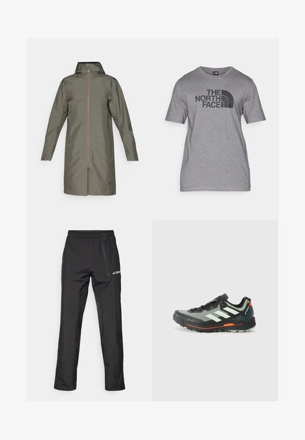 Vihreä vedenpitävä sadetakki hupulla, täyspitkä vetoketju edessä ja pitkät hihat. Sileä pinta, keskikohdan pituus, vähäinen muotoilu.; Lyhythihainen harmaa t-paita, joka on valmistettu puuvillasekoitteesta. Etupuolella on musta graafinen printti, jossa lukee "THE NORTH FACE", sekä kaareva logotyyli.; Mustat kevyet ulkohousut, joissa on joustava vyötärönauha, vetoketjutaskut ja painettu logo. Sileä pinta ja suora lahkeen leikkaus.; Kevyt maastojuoksukenkä, jossa on harmaa ja musta verkkokangas, oranssit yksityiskohdat ja kestävä pohja pitoon. Vesitiivis Gore-Tex-vuori.
