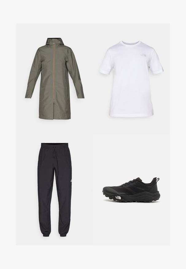 Olijfgroen waterdichte regenjas met capuchon, volwaardige ritssluiting aan de voorkant en lange mouwen. Gladde textuur, lengte tot halverwege het dijbeen, minimalistisch ontwerp.; Witte katoenen t-shirt met korte mouwen en een ronde hals. Heeft een klein grijs logo op de linkerkant van de borst. Soepele textuur, standaard pasvorm.; Zwarte sportieve broek gemaakt van lichtgewicht stof, met een trekkoord in de taille, zijzakken en taps toelopende boorden bij de enkels.; Zwarte trailrunning schoen met een gestructureerde bovenkant, rubberen zool en versterkte neus. Voorzien van een gevoerde kraag en een trekhaak voor eenvoudig aan- en uittrekken.