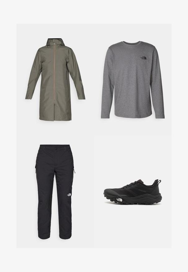 Olivgrön vattentät regnjacka med huva, hela längden framdragkedja och långa ärmar. Slät textur, mitt på låret längd, minimalistisk design.; The North Face M L/S SIMPLE DOME TEE - Långärmad tröja - medium grey heather; The North Face WINTER EXPLORATION TAPERED CARGO - Friluftsbyxor - black; Svart terränglöparsko med en strukturerad ovandel, gummisula och förstärkt tåhätta. Har en vadderad krage och en dragflik för enkel påtagning.