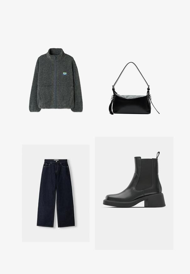 Szara polarowa kurtka z wysokim kołnierzem i zapięciem na zamek. Posiada teksturowaną, puszystą powierzchnię oraz małe, wielokolorowe logo na klatce piersiowej.; Jasnoniebieski sweter wykonany z miękkiego, szczotkowanego materiału. Posiada ściągacze na mankietach i dolnym brzegu oraz okrągły dekolt. Luźny krój z opadającymi ramionami.; Granatowe dżinsy z szerokimi nogawkami i wysokim stanem, pięć kieszeni, kontrastowe szwy i srebrne metalowe akcesoria. Gładka tekstura i czyste wykończenie.; Czarne skórzane botki na kostkę z elastycznymi panelami bocznymi, okrągłym noskiem i grubym słupkowym obcasem. Gładka faktura z minimalistycznym wzornictwem.; Czarna skórzana torebka na ramię z zakrzywionym paskiem, gładką fakturą, prostokątnym kształtem, zamknięciem na zamek błyskawiczny oraz srebrnymi elementami.