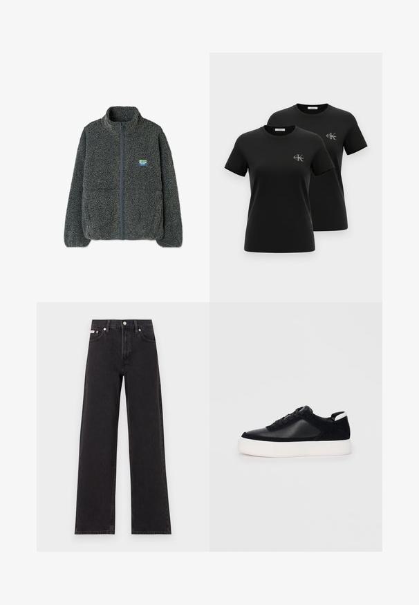 Pelēks vilnas žakets ar augstu apkakli un rāvējslēdzēju. Tam ir fakturēta, pūkaina virsma un neliels daudzkrāsains logo uz krūšu.; Divas melnas īsroku T-krekls ar apaļu kakla izgriezumu, ar nelielu pelēku "CK Calvin Klein" logotipu uz kreisās krūtis, attēlotas uz balta fona.; Melni platmalu džinsi, kas izgatavoti no denima, ar augstu vidukli, piecu kabatu dizainu un metāla pogas aizdari ar kontrastējošu šuvumu.; Melnas sporta kurpes ar gludu ādu un zamša paneļiem, plakaniem šņorēm, noapaļotu pirkstu daļu un baltu gumijas zolīti. Izteikts logo uz papēža.