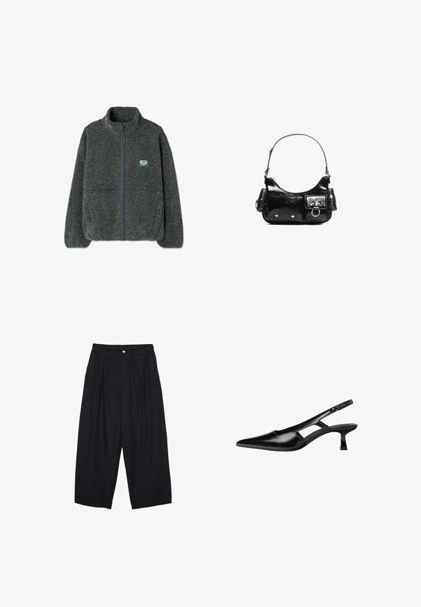 Siva flisjakna z visokim ovratnikom in zadrgo. Ima teksturirano, puhasto površino in majhen večbarvni logotip na prsih.; Črn kratki top s kratkimi rokavi, narejen iz mehkega materiala, z okroglo izrezom in sproščenim krojem ter čistim robom.; Črne poliesterske culotte hlače z elastičnim pasom, dvema sprednjima nabiranjema in ohlapnim krojem. Brez vidnih vzorcev ali kovinskih detajlov.; Črne patentični usnjeni salonarji s slingback designom, z zašiljenim nosom, izrezanim stranskim dizajnom in majhnim kvadratnim peto. Gladka tekstura z minimalnimi detajli.; Črna lakasta usnjena torbica s ukrivljeno obliko, enim ramenskim trakom, sprednjimi žepi in srebrnimi kovinskimi dodatki.