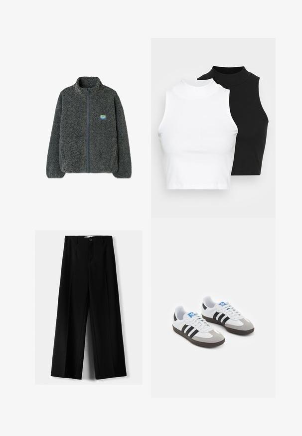 Szara polarowa kurtka z wysokim kołnierzem i zapięciem na zamek. Posiada teksturowaną, puszystą powierzchnię oraz małe, wielokolorowe logo na klatce piersiowej.; Dwa bezrękawnikowe golfy w kolorze czarnym i białym, charakteryzujące się dopasowanym fasonem i gładką teksturą, o skróconej długości.; Czarne spodnie szerokie, wykonane z lekkiego materiału, z zapięciem na guzik z przodu i gładkim przodem, z starannie wykończonymi brzegami.; Buty sportowe z białą skórzaną cholewką, szarym zamszowym noskiem i trzema czarnymi paskami. Posiadają niebieskie logo na języku oraz teksturowaną gumową podeszwę.