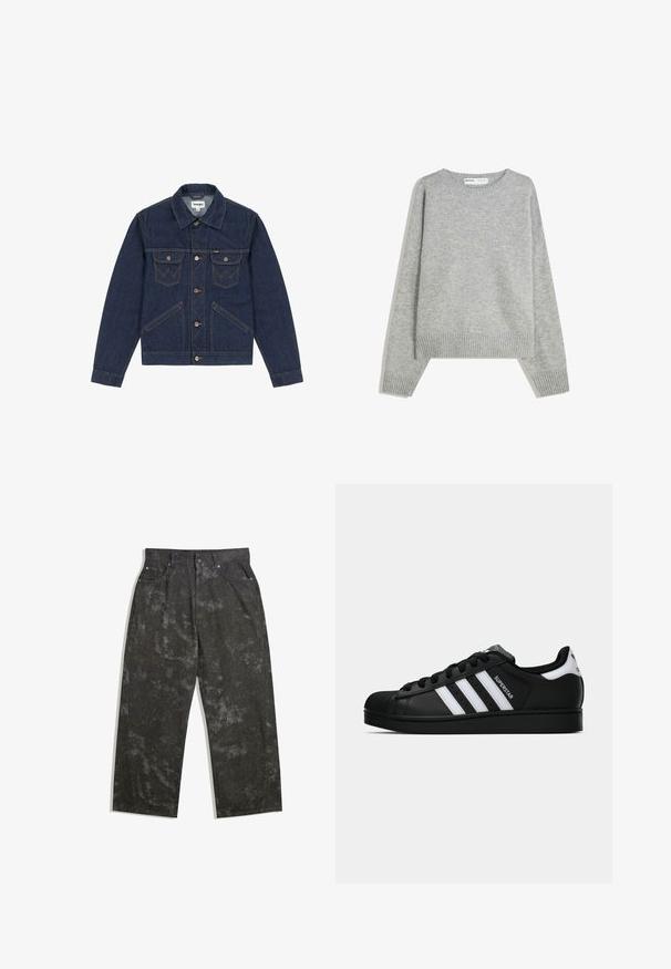 Mörkblå denimjacka med spetsig krage, knapp stängning, två bröstfickor och kontrasterande sömmar. Har en något kortad passform.; Grå stickad tröja med rund halsringning, ribbade ärmslut och nederkant, med en avslappnad passform och mjuk textur.; Mörkgrå denimbyxor med en lös passform, med subtila spräckliga mönster och metallbeslag. Femficksdesign.; Svart Adidas Superstar sneaker med vita ränder, sula i skalform och "Superstar" text på sidan, visad i sidoprofil mot vit bakgrund.