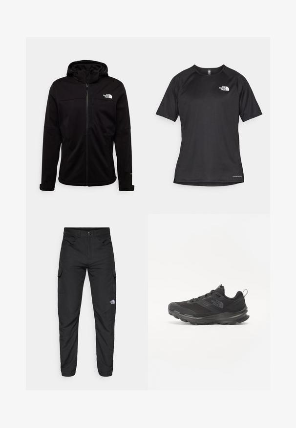 The North Face M DIABLO SOFTSHELL DETACHABLE HOOD - Softshelljacke - black; Schwarzes kurzärmliges Sportshirt aus strukturiertem Stoff, mit einem weißen Logo auf der linken Brust und einem geraden Saum.; The North Face HORIZON PANT - Outdoor-Hose - black; Schwarzer Sportschuh mit Mesh-Obermaterial, Gummisohle und gepolstertem Schaft. Verfügt über Schnürsenkel, Logo an der Seite und ein strukturiertes Design.