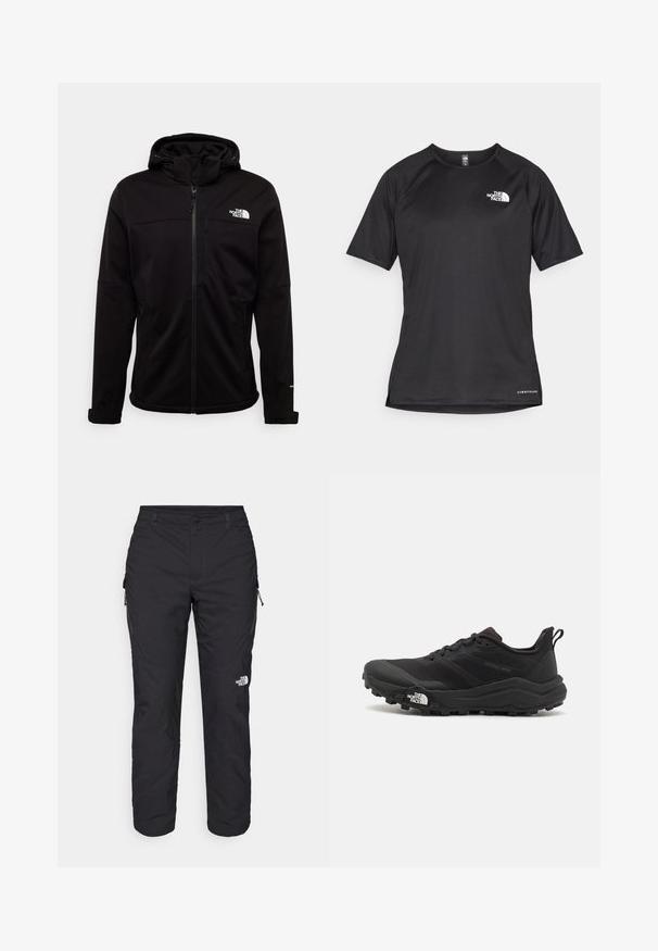 The North Face M DIABLO SOFTSHELL DETACHABLE HOOD - Giacca softshell - black; Maglietta sportiva nera a maniche corte con tessuto testurizzato, caratterizzata da un logo bianco sul lato sinistro del petto e orlo dritto.; The North Face WINTER EXPLORATION TAPERED CARGO - Pantaloni outdoor - black; Scarpa da trail running nera con tomaia texture, suola in gomma e punta rinforzata. Presenta un collare imbottito e un tassello per un indossamento facile.