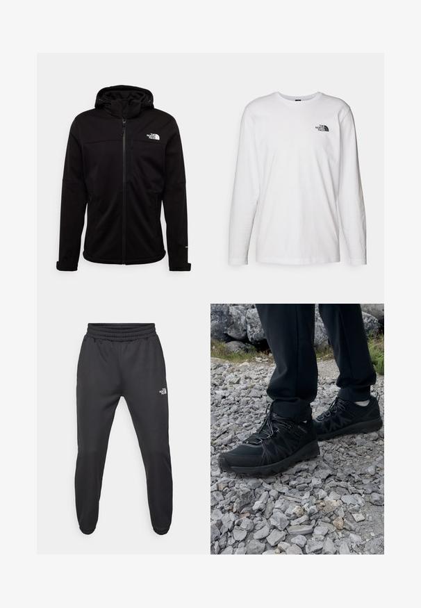 The North Face - Kurtka Softshell; Biała koszulka z długim rękawem wykonana z bawełny, z okrągłym dekoltem. Posiada małe czarne logo na piersi. Gładka faktura, regularny krój.; Czarne dresy z elastycznym paskiem w talii, zwężanym krojem, elastycznymi mankietami i małym białym logo na lewej udzie, wykonane z gładkiego materiału.; Czarne buty outdoorowe wykonane z siateczki i materiału syntetycznego, z fakturowaną cholewką, zabezpieczonym systemem sznurowania i solidną podeszwą, na skalistym terenie.