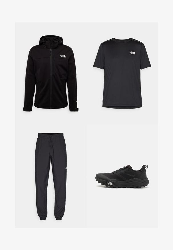 The North Face M DIABLO SOFTSHELL DETACHABLE HOOD - Casaco softshell - black; T-shirt preto de manga curta feito de um tecido leve. Apresenta um pequeno logo branco ao lado esquerdo do peito e detalhes subtis nos ombros.; Calças atléticas pretas feitas de tecido leve, com um cós ajustável por cordão, bolsos laterais e punhos afunilados nos tornozelos.; Sapatilha de trail running preta com um upper texturizado, sola de borracha e biqueira reforçada. Possui um colarinho acolchoado e uma alça para facilitar o calçar.
