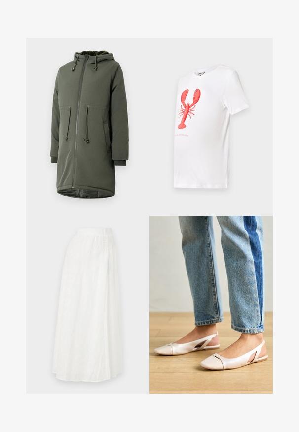 Olivengrønn parkajakke med hette, glidelås og frontlommer. Laget av glatt, vannavstøtende stoff med myk fôring.; Hvit bomull T-skjorte med et rødt hummerdesign i sentrum. Teksten under designet sier: "Bare kall meg selvisk." Korte ermer.; Hvit maxi-skjørt med elastisk midjebånd, som har et teksturert blomstermønster og blonder-lignende utskjæringer i hele stoffet.; Lys rosa slingback leiligheter med spiss tå, laget av et glatt, læraktig materiale. Har utskjæringer på sidene og lav hæl.