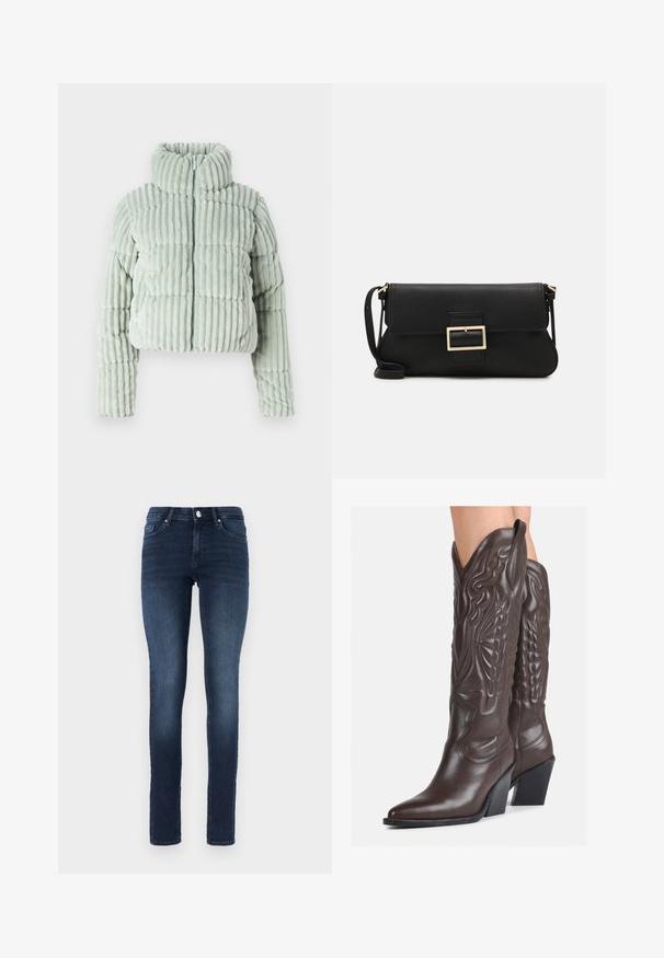 ONLY PAULINA PUFFER - Giacca invernale - aqua gray; Top senza maniche bianco realizzato in tessuto a coste, caratterizzato da un collo arrotondato e una silhouette aderente, con cuciture minime e senza decorazioni.; Jeans skinny blu scuro in denim, caratterizzati da un classico design a cinque tasche, chiusura con bottone e leggere sfumature sulle cosce.; Stivali da cowboy in pelle marrone con punta affusolata e tacco a blocco, caratterizzati da dettagliati ricami e accenti rialzati sul gambale.; Borsa a mano in pelle nera con patta e dettaglio in metallo dorato. Include una tracolla nera e un design elegante e minimalista.; Orecchini a cerchio in argento con un design torciglionato, caratterizzati da una finitura lucida e chiusura a perno. Misurano circa 3 cm di diametro.