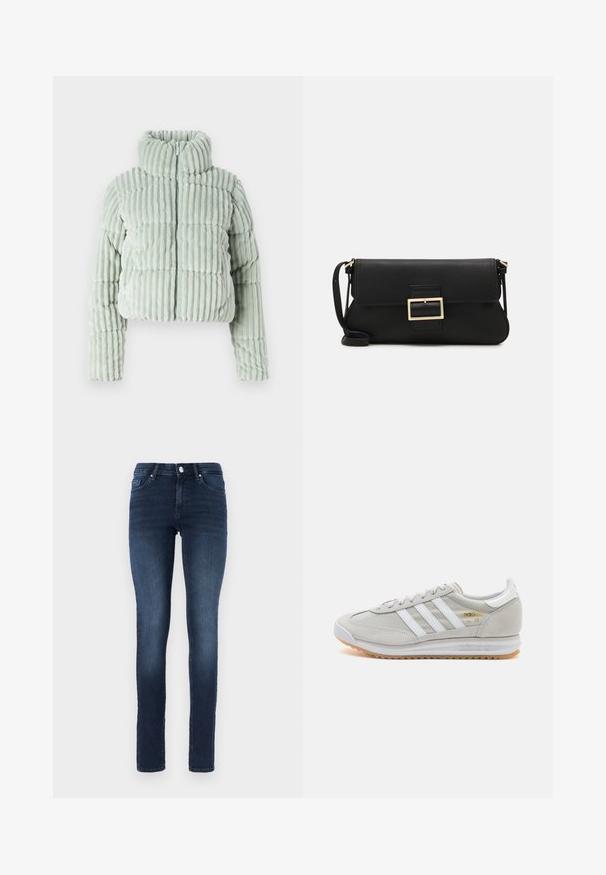 ONLY PAULINA PUFFER - Chaqueta de invierno - aqua gray; Top de tirantes blanco sin mangas hecho de tela acanalada, con un escote redondeado y una silueta ajustada, con costuras mínimas y sin adornos.; Jeans skinny azul oscuro de mezclilla, con un clásico diseño de cinco bolsillos, cierre de botón y un ligero desgaste en los muslos.; Zapatilla de color gris claro hecha de ante y malla, con tres franjas blancas, punta redonda y suela de goma. Acento en logo dorado cerca de los cordones.; Bolso de mano de cuero negro con una solapa y un detalle de hebilla de metal dorado. Incluye una correa negra y un diseño elegante y minimalista.; Pendientes de aro de plata con diseño retorcido, que presentan un acabado pulido y cierre de presión. Miden aproximadamente 3 cm de diámetro.