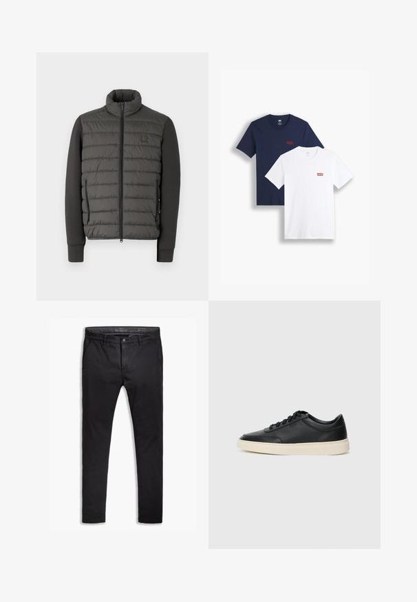 Puhasta jakna z visokim ovratnikom, temno sivo podloženo sprednjo stranjo in ujemajočimi rokavi. Ima stranske žepke z zadrgo in oznako logotipa.; Dve kratke majice z rokavi: ena temno modra in ena bela, obe z rdečim logotipom "Levi's" na prsih, izdelani iz bombažnega blaga.; Črne bombažne chinos hlače s ozkim krojem, ki imajo pet žepov, pasne zanke in gladko teksturo. Zadrga in gumb za zapiranje.; Črne nizke usnjene teniske s črnimi vezalkami in svetlo belo podplatom, prikazane v stranskem profilu na beli podlagi.